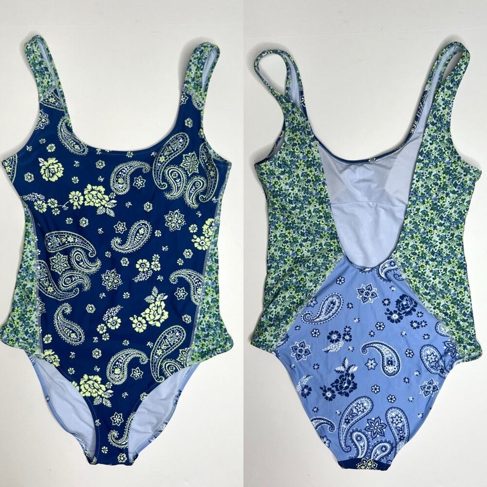 Aerie Blue Floral Paisley Print One Piece Swimsuit